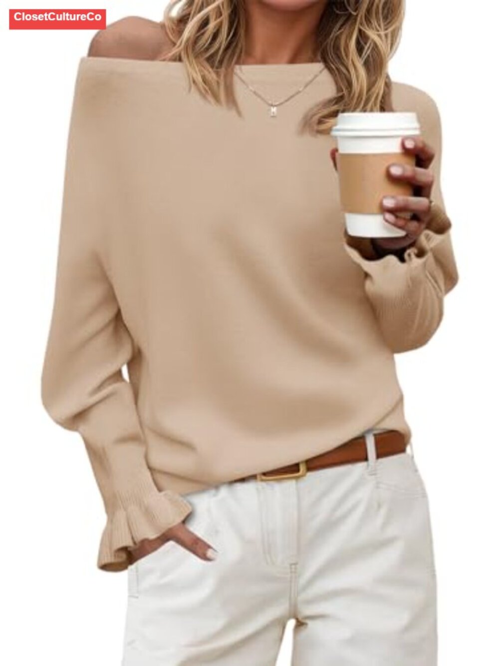 Womens Boat Neck Off Shoulder Ruffle Knit Pullover Sweater
